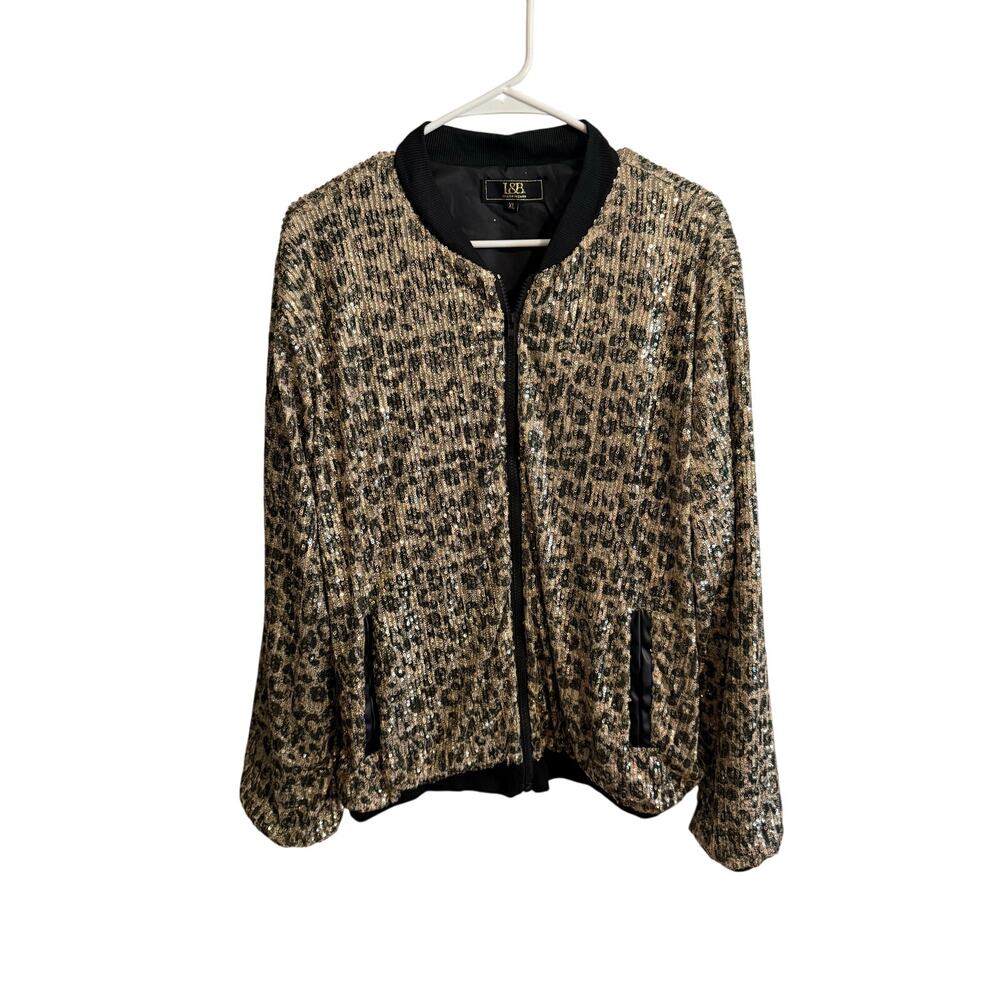 L&B Cheetah Western Sequin Full Zip Fashion Jacket with Pockets Women's XL